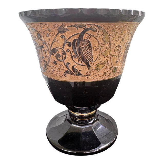 Antique Bohemian Amethyst Glass Footed Bowl With Ooplastic Gilt Bird Frieze, Circa 1910-1925 For Sale