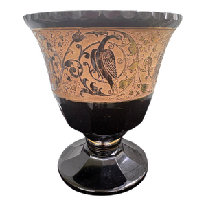 Antique Bohemian Amethyst Glass Footed Bowl With Ooplastic Gilt Bird Frieze, Circa 1910-1925
