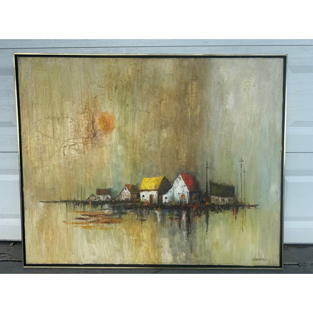 Large Original Oil Painting by Listed Artist Frank R. Carmelitano (1935–2003) — Signed Coastal Village Landscape, 50” X 40” For Sale In Tampa - Image 6 of 11
