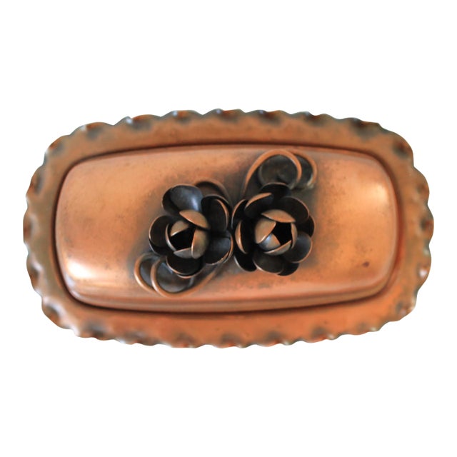 Vintage Gregorian Copper Rectangular Butter Dish With Floral Lid For Sale
