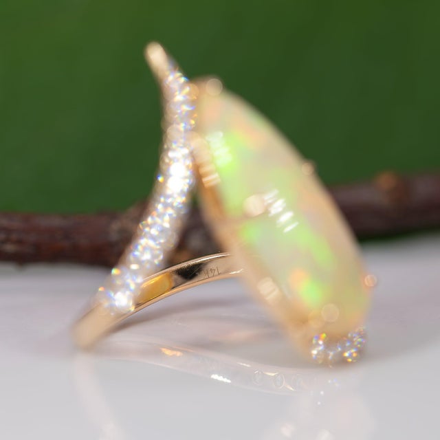 5.1Ct Ethiopian Opal Cabochon Ring With Natural Diamond Accents: Solid 14k Gold, Size 6.75 For Sale - Image 9 of 9
