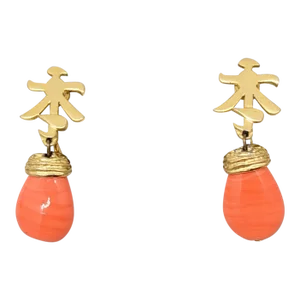 Vintage 1960s Signed Trifari Asian Style Faux-Coral Drop Clip Earrings- 2 Pieces