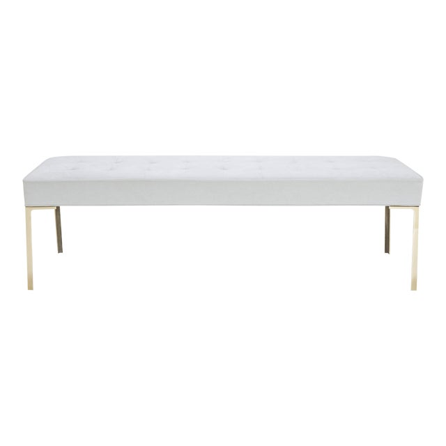 Astor 60" Tufted Brass Bench in Dove Luxe Suede by Montage For Sale