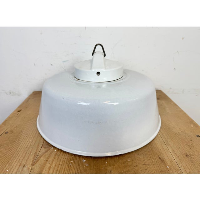 Industrial Grey Enamel Factory Pendant Lamp with Glass Cover, 1960s For Sale - Image 11 of 18