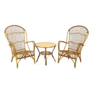Vintage Rattan Armchairs and Table, 1960s, Set of 3 For Sale