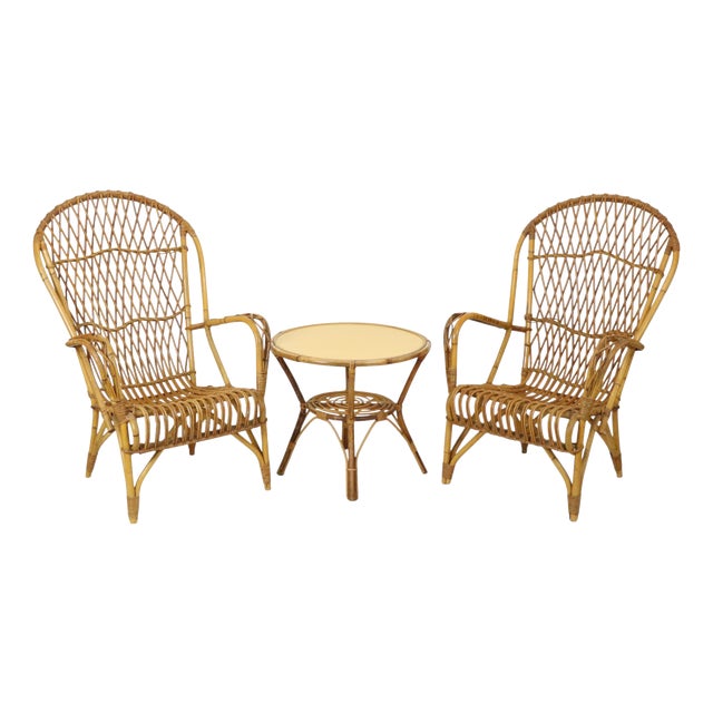 Vintage Rattan Armchairs and Table, 1960s, Set of 3 For Sale