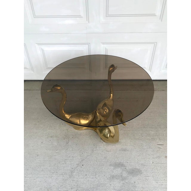 Hollywood Regency Brass Swan Coffee Table With Round Smoke Glass Top