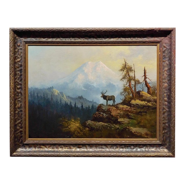 The Lonely Elk on Mount Shasta - 19th Century Oil Painting For Sale