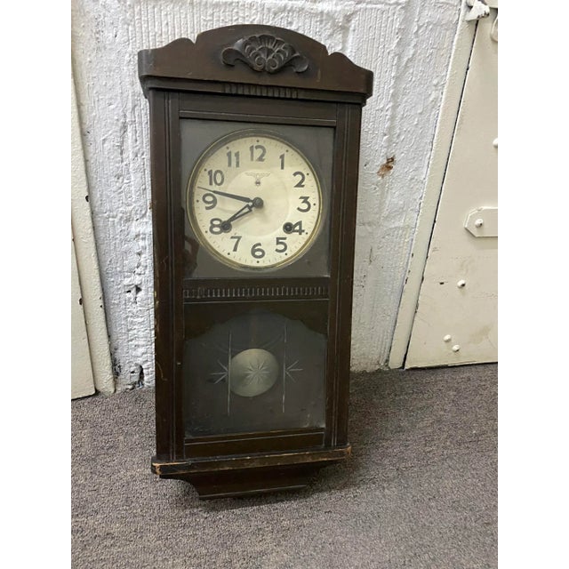 1940s Vintage Traditional Mahogany Wall Clock With Handcarved Details For Sale - Image 5 of 12