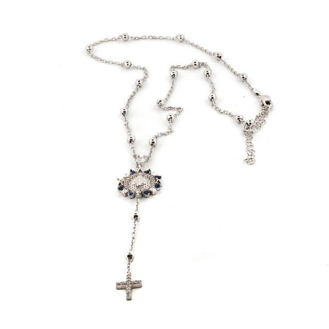 Early 21st Century Sapphire & Diamond Virgin Mary Cross Pendant Sterling Silver Chain Necklace For Sale - Image 5 of 10