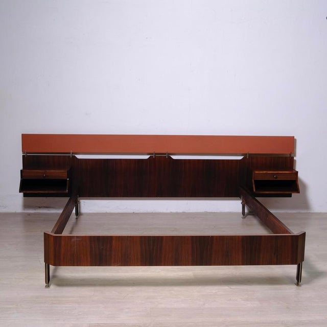 Mid-Century Double Bed with Suspended Bedside Tables in Wood and Fabric, 1950s For Sale - Image 9 of 18