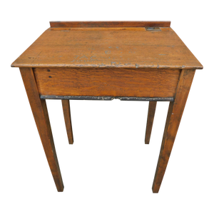 Antique Solid Oak Wood Child's Slant Top School Writing Desk W/ Built in Inkwell