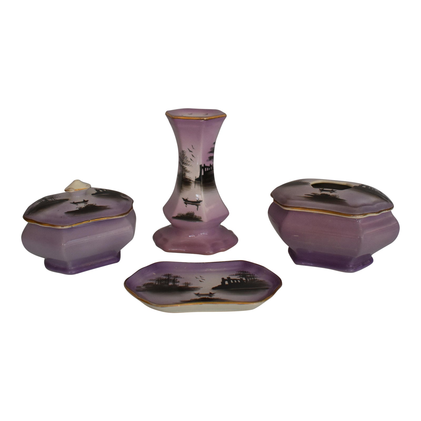 Antique English Porcelain Purple Scenic Dresser Set 4 Pieces Chairish