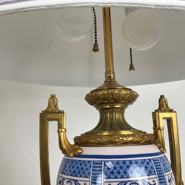 Vintage Gilt Bronze and French Porcelain Lamp Pair With Silk Shades For Sale - Image 12 of 12