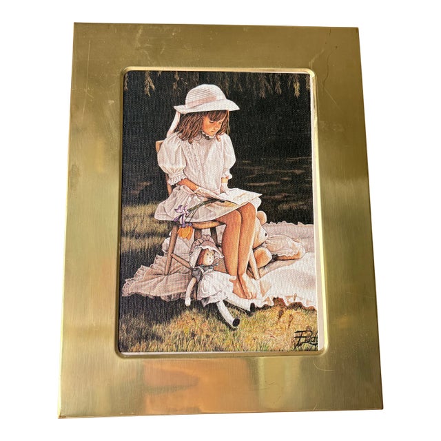 Vintage 1994 “Afternoon Story Time” Canvas Print Painting Art by Melinda Buyers Framed in Brass VTG Frame For Sale