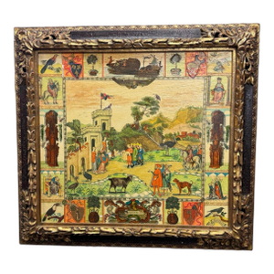 Early 20th Century Vintage Landscape Painting W Decoupage Paper Art Figures Carved Gilt Wood Frame