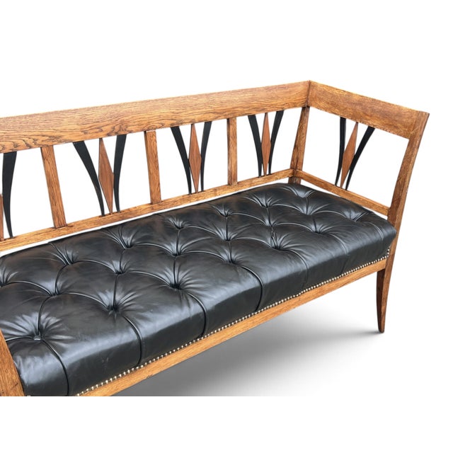 Traditional Vintage Sculpted Wood Bench With Button-Tufted Black Leather Seat For Sale - Image 3 of 12