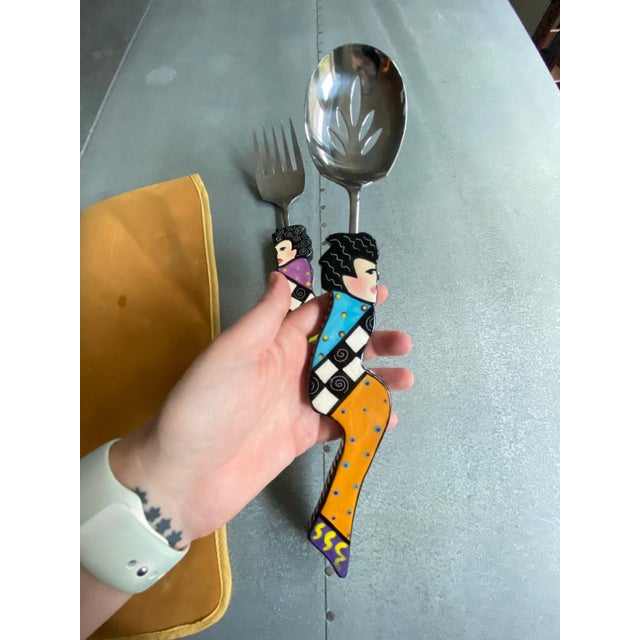 Metal 1980s Memphis Style Figural Ceramic Handle Salad Servers – A Pair For Sale - Image 7 of 10