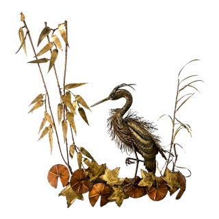 Vintage Mid-Century Mixed Metal Heron Egret Wall Sculpture Brass Copper Water Lilies Reeds Brutalist MCM Art For Sale