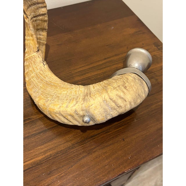 Late 20th Century Vintage Pair of Large Natural Ram Horn Candleholders With Silver-Tone Cups — Rustic Lodge Sculptural Décor For Sale - Image 5 of 6