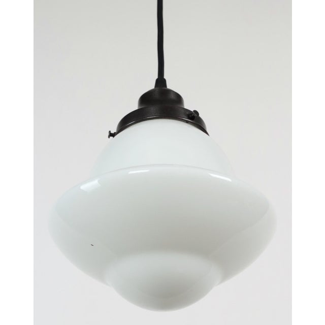 1920s Schoolhouse White Milk Glass Black Wire Pendant Light For Sale - Image 4 of 11