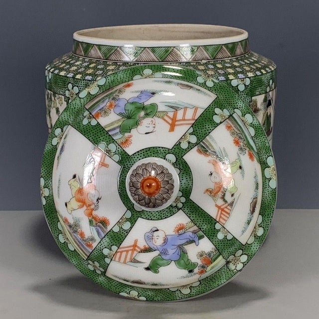 Ceramic Vintage Chinese Green Ground Famille Rose "Figural" Covered Jar With Old Museum Label For Sale - Image 7 of 9