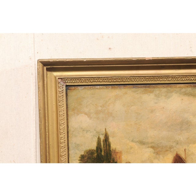 Rustic European European Riverside Village Painting, 19th C For Sale - Image 3 of 13