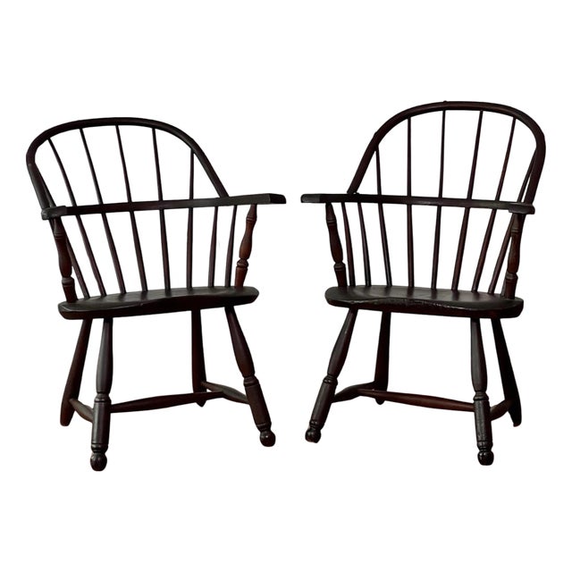 Pair of Early 20th Century Sack Back Windsor Armchairs in a Dark Finish For Sale