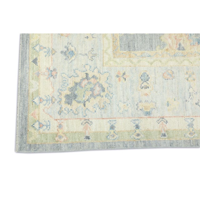 Early 21st Century Moon Gray Blue Field Multicolor Handwoven Turkish Oushak Rug 8'1" X 9'9" For Sale - Image 5 of 7