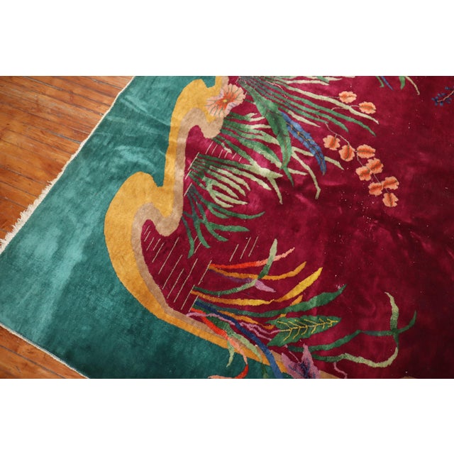 Zabihi Collection Burgundy Emerald Green Antique Chinese Art Deco Carpet For Sale - Image 4 of 10