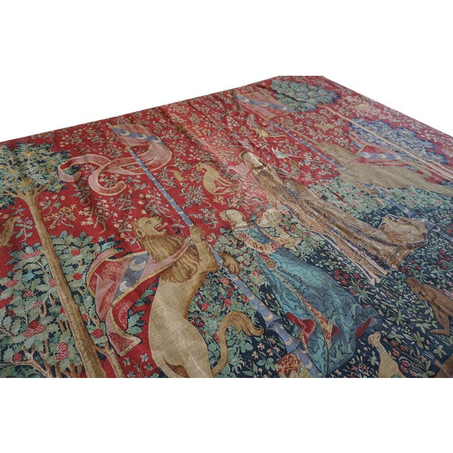 1875s Antique Red Tapestry Scene Pictorial Medieval Romance European Flat Weave For Sale - Image 11 of 13