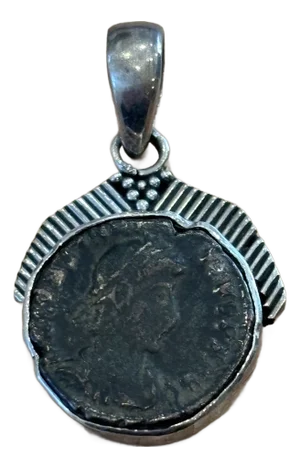 Antique Pendant With Roman Coin and Sterling Silver Setting of Diagonal Frame
