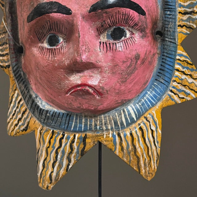 Mexican Antique Polychrome Anthropomorphic Mexican Folk Art Sun Mask W/ Sunburst Motif For Sale - Image 3 of 7
