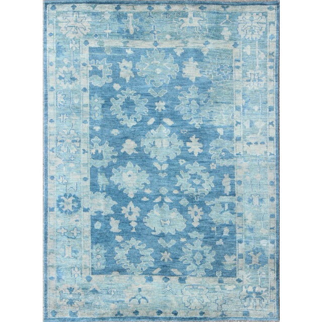 Textile Hand-Knotted Modern Oushak Rug in Wool With Sub-Geometric Floral Design in Blue Tones For Sale - Image 7 of 7