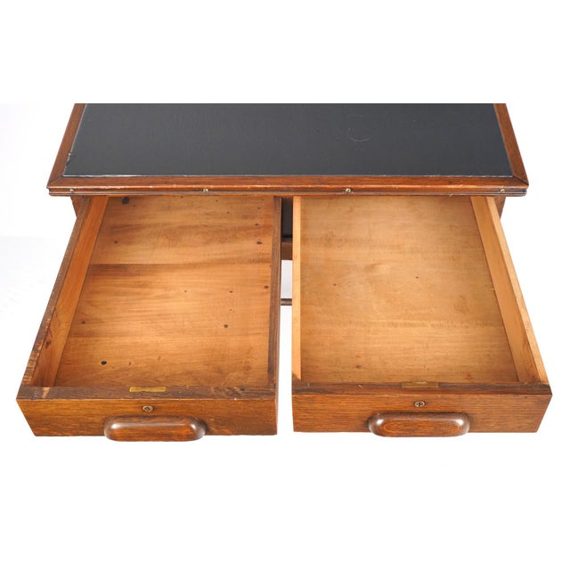 Antique Black Leather Top Oak Slanted Writing Desk For Sale - Image 10 of 16