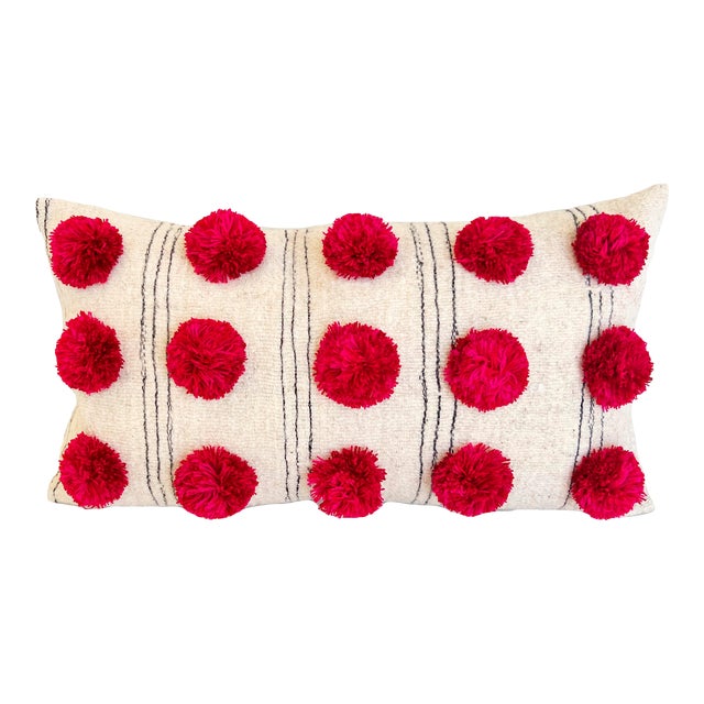 Chamula White With Gray Stripes Red PomPom Throw Pillow Handmade From 100% Wool For Sale