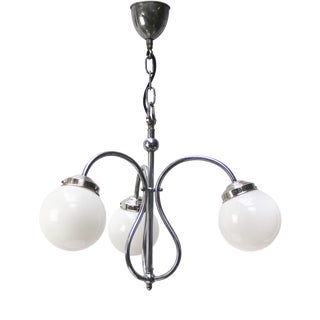 French Art Deco Nickel-Plated 3-Arm Chandelier with White Opaline Glass Globes For Sale
