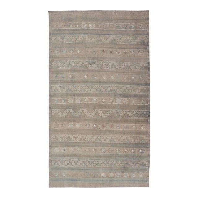 Vintage Turkish Kilim With Stripes in Taupe, Green, Tan, Cream and Brown For Sale
