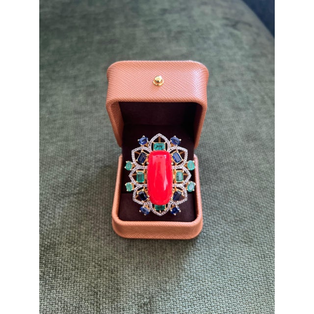 Gemstone Bochic "Orient" Vintage Diamond, Emeralds, Sapphire & Opal Ring Set 18K Gold & silver For Sale - Image 7 of 18