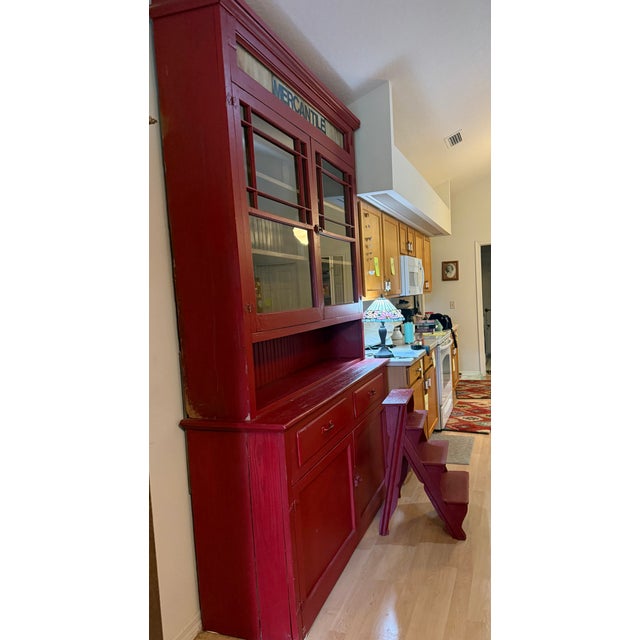 Mercantile Large Red Sideboard Buffet and Hutch With Accompanying Red Four Step Step Stool - Set of 3 For Sale - Image 4 of 9