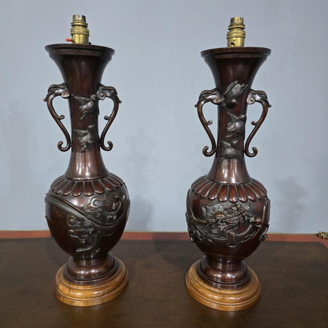 Brown Japanese Bronze Table Lamps, 1900s, Set of 2 For Sale - Image 8 of 8