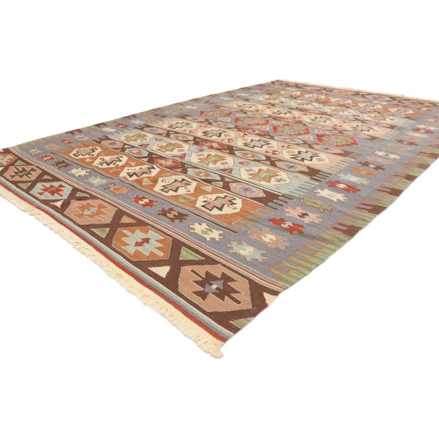 77952 Vintage Persian Shiraz Kilim Rug with Bohemian Tribal Style 05'08 x 08'06. Full of tiny details and a bold...