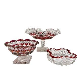 Mixed Mismatched Vintage Red Cranberry Cut to Clear Party Serving or Display Bowls - Set of 3 For Sale
