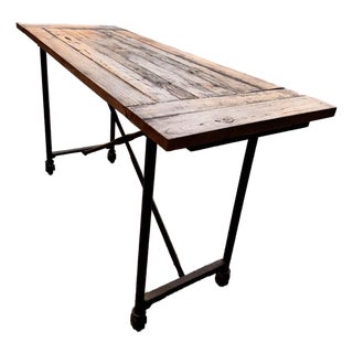 Vintage Solid Elm Wood and Cast Iron Table From Retired Restoration Hardware Collection For Sale