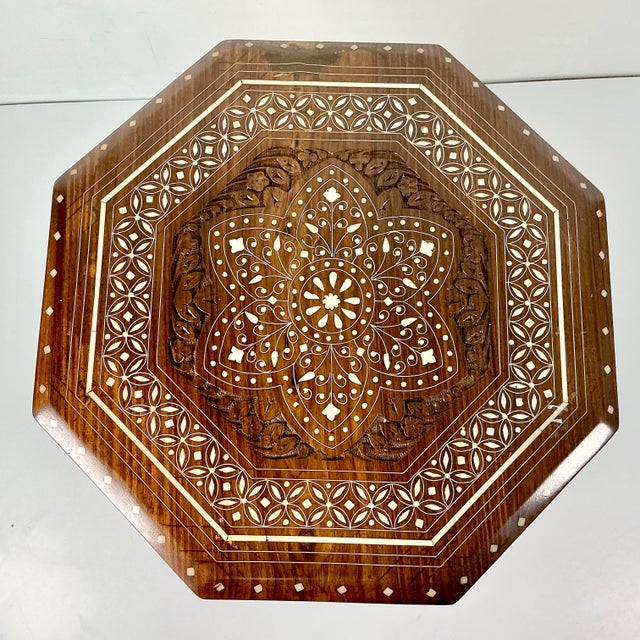 Burnt Umber 1970s Vintage Boho Chic Moroccan Mediterranean Octagonal Wood Inlaid Drinks Table For Sale - Image 8 of 12