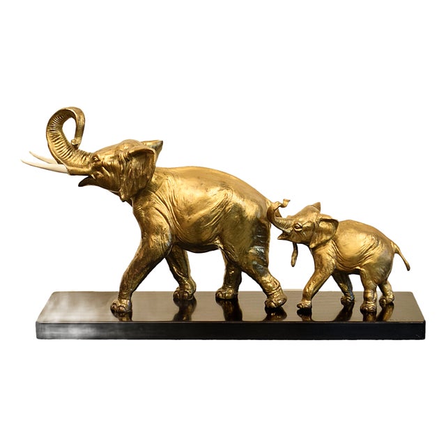Irénée Rochard, Elephant with Baby, 1920s-1940s, Golden Spelter For Sale