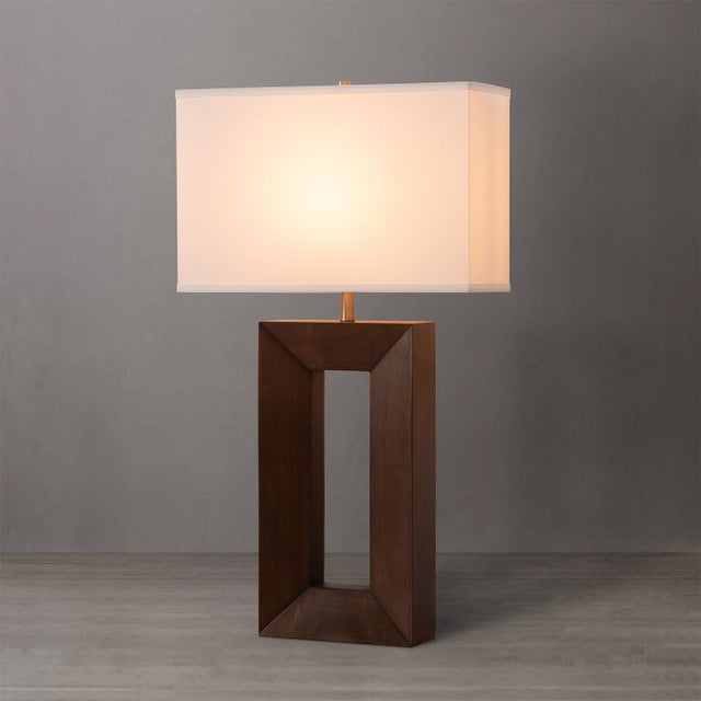 Nova Julie Standing Table Lamp - Dark Walnut Wood Finish, Weathered Brass, White Linen Shade For Sale - Image 4 of 12
