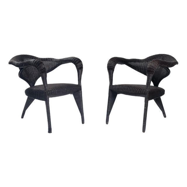 Set of Sculptural Rattan Tripod Armchairs, 1980s For Sale