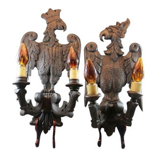 Antique C1890 French "King & Queen" Carved Wood Eagle Sconces - a Pair For Sale