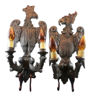 Antique C1890 French "King & Queen" Carved Wood Eagle Sconces - a Pair